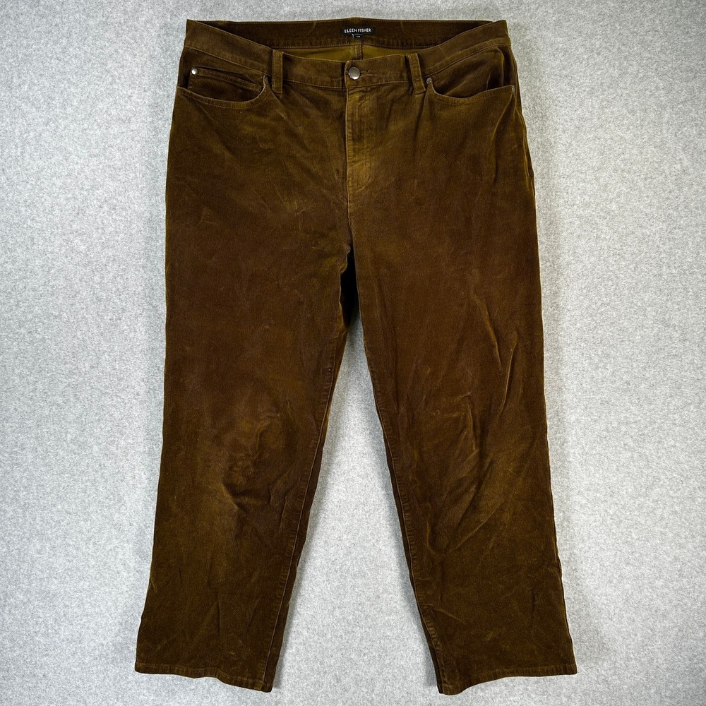 Eileen Fisher Corduroy Pants Women's L Olive Brown Cropped 5-Pocket
